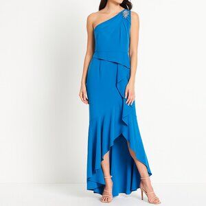 Adrianna Papell One Shoulder Dress Gown Crepe Blue Size 8